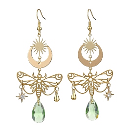 Brass Butterfly Dangle Earrings, with Glass Teardrop Pendant, Stainless Steel Jewelry for Women