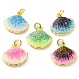 Brass Enamel Pendants, with Glitter and Jump Ring, Long-Lasting Plated, Real 18K Gold Plated, Shell Shape Charm