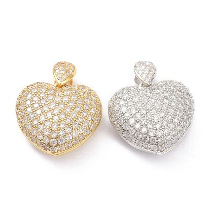 Brass Micro Pave Clear Cubic Zirconia Pendants, Hollow, Heart