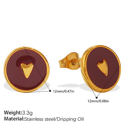 304 Серьги-гвоздики из нержавеющей стали и ракушек, с эмалью, плоско-круглые, реальный 18 k позолоченный