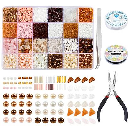 Kits de bijoux de perles de bricolage, avec perles nacrées en verre, perles de pierres fines , Fil cristal, fil élastique, pince à bec effilé en acier au carbone