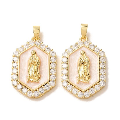 Brass Micro Pave Clear Cubic Zirconia Pendants, with Old Lace Enamel, Hexagon with Virgin Mary Charms