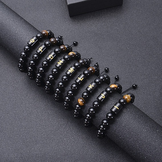 10MM Natural Black Onyx(Dyed & Heated) and Tiger Eye Alphabet Round Braided Bead Adjustable Bracelets for Women