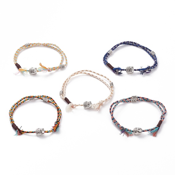 Cotton Cord Multi-strand Bracelets, with Nylon Thread and Tibetan Style Alloy Beads, Buddha Head, Antique Silver