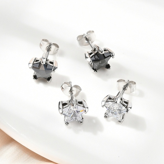 316 Surgical Stainless Steel Stud Earrings, with Cubic Zirconia, Star, Platinum