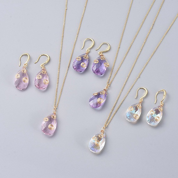 Kits de bijoux, pendentifs et boucles d'oreilles dangle, avec pendentifs en verre, Crochets d'oreille en laiton, chaîne de câble en laiton et fermoirs mousqueton, larme
