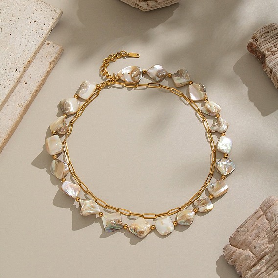 304 Двухслойные ожерелья из нержавеющей стали с крашеными цветочными белыми натуральными ракушками и бусинами для женщин, ионное покрытие (ip), без кадмия, без никеля и без свинца