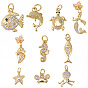 10Pcs 10 Styles Brass Micro Pave Clear Cubic Zirconia Pendants, Sea Animals Charms, with Jump Ring