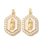 Brass Micro Pave Clear Cubic Zirconia Pendants, with Old Lace Enamel, Hexagon with Virgin Mary Charms