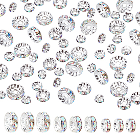120Pcs 3 Style Brass Rhinestone Spacer Beads, Grade A, Straight Flange, Silver Color Plated, Rondelle