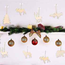 Christmas Tree/Reindeer/Bear/Wolf Unfinished Wood Pendant Decorations, with Hemp Rope