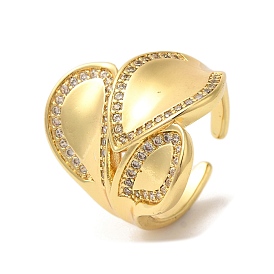 Leaf Brass Micro Pave Cubic Zirconia Open Cuff Rings, for Women, Lead Free & Cadmium Free