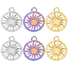 Stainless Steel Pendant Cabochon Settings, Flat Round with Sun