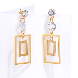 Stainless Steel Dangle Stud Earrings with Cubic Zirconia for Women, Hollow Rectangle