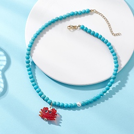 Летний пляжный кулон ручной работы в стиле лэмпворк в виде красного краба, синтетические бирюзовые круглые ожерелья из бусин