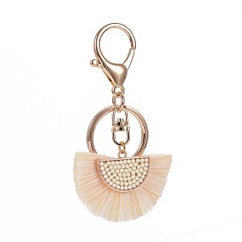 Raffia Tassel Pendants Keychain, with Alloy Swivel Key and Brass Jump Rings