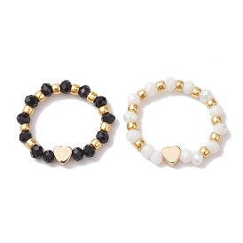Glass Stretch Rings, with Golden Plated Brass Beads