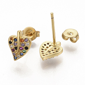 Brass Micro Pave Colorful Cubic Zirconia Stud Earrings, with Earring Backs, Leaf, Real 16K Gold Plated