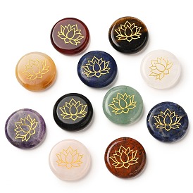 Natural Gemstone Cabochons, Flat Round with Engraved Gold Lotus Flower