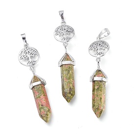 Gemstone Pointed Big Pendants, with Platinum Plated Brass Findings, Faceted, Bullet & Tree of Life