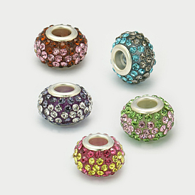 Resin Rhinestone European Beads, Grade A, with Brass Double Cores, Silver Color Plated, Rondelle, 15x9mm, Hole: 5mm