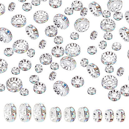 120Pcs 3 Style Brass Rhinestone Spacer Beads, Grade A, Straight Flange, Silver Color Plated, Rondelle