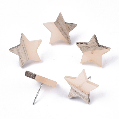 Серьги-гвоздики из прозрачной смолы и дерева, с 304 штифта из нержавеющей стали, звезда