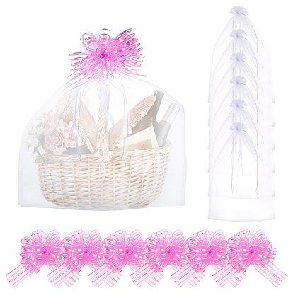 6Pcs Rectangle Organza Packing Drawstring Bags, with 6Pcs Silk Pull Bows