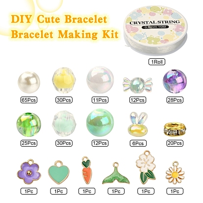 DIY Cute Bracelet Bracelet Making Kit, Including Imitation Pearl & Round Acrylic Beads, Flower & Heart & Carrot & Whale Tail Alloy Enamel Pendants