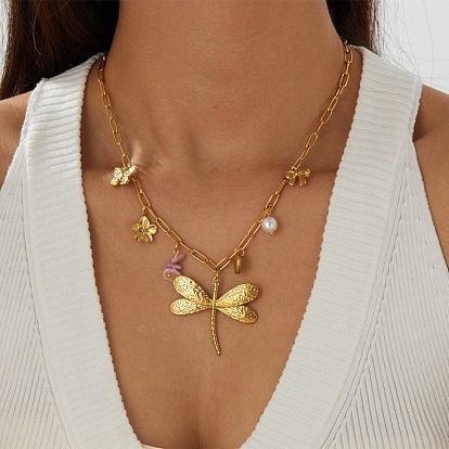 304 Halsketten mit Libellen- und Blumenanhänger aus Edelstahl für Damen, mit Kunststoff-Imitationsperle und Harz