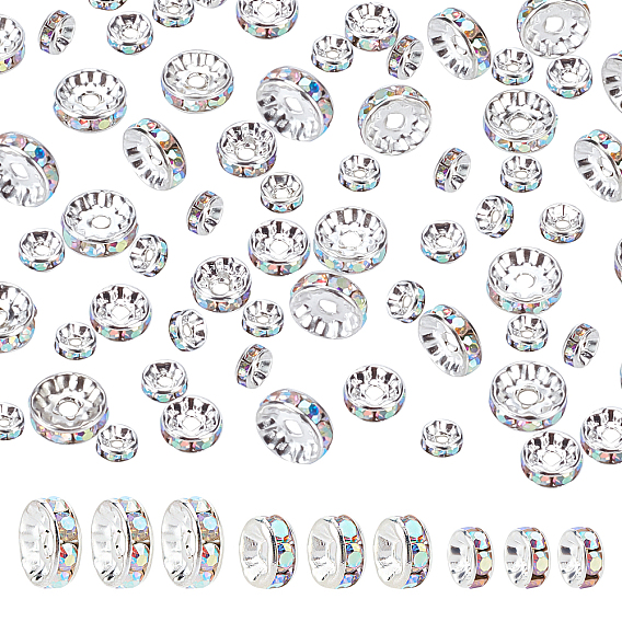 120Pcs 3 Style Brass Rhinestone Spacer Beads, Grade A, Straight Flange, Silver Color Plated, Rondelle