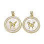 Brass Micro Pave Cubic Zirconia Pendants, Cadmium Free & Lead Free, with Shell, Flat Round with Butterfly Pattern