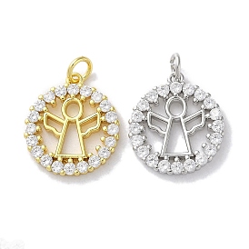 Rack Plating Brass Micro Pave Clear Cubic Zirconia Pendants, Long-Lasting Plated, Lead Free & Cadmium Free, Round with Angel