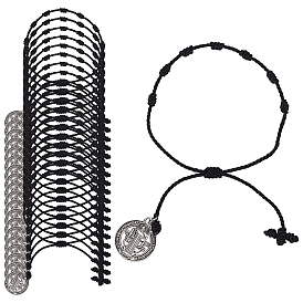 50шт. нейлоновые браслеты, Сплав с подвесками, античное серебро, плоско-круглые