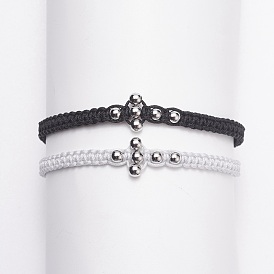 2Pcs 2 Color Round Brass Braided Bead Bracelets Set, Cross Adjustable Bracelets for Women
