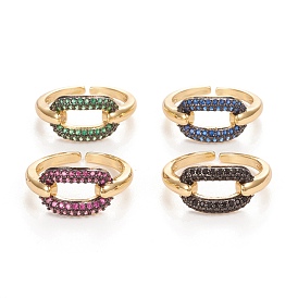 Brass Micro Pave Cubic Zirconia Cuff Rings, Open Rings, Long-Lasting Plated, Oval, Real 18K Gold Plated