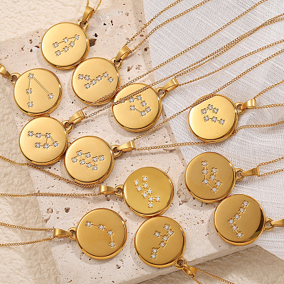 304 Подвеска-колье из нержавеющей стали с микропаве из прозрачного кубического циркония и изображением двенадцати созвездий, золотые