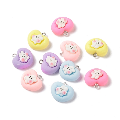 Opaque Resin Pendants, with Platinum Tone Iron Loops, Heart with Rabbit Charms