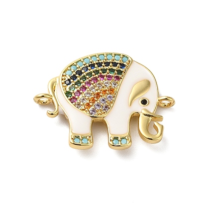 Rack Plating Brass Pave Cubic Zirconia Enamel Connector Charms, Elephant Links, Lead Free & Cadmium Free, Real 18K Gold Plated, Long-Lasting Plated