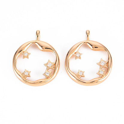 Brass Micro Pave Clear Cubic Zirconia Pendants, Nickel Free, Ring with Star