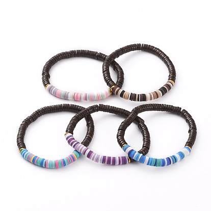 Bracelets extensibles de perles heishi en argile polymère, avec des perles de noix de coco naturelles et des perles en laiton doré, disque / plat rond