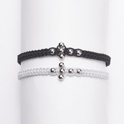 2Pcs 2 Color Round Brass Braided Bead Bracelets Set, Cross Adjustable Bracelets for Women