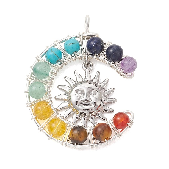 7 Круглые подвески в виде луны из смешанных камней, обмотанных медной проволокой, с изображением чакр, латунные солнечные подвески, смешанные окрашенные и неокрашенные
