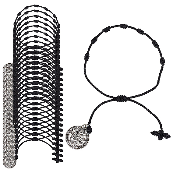 50шт. нейлоновые браслеты, Сплав с подвесками, античное серебро, плоско-круглые