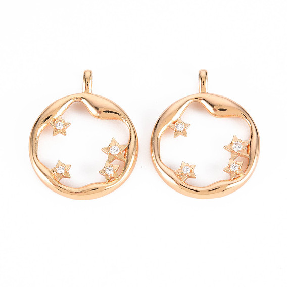 Brass Micro Pave Clear Cubic Zirconia Pendants, Nickel Free, Ring with Star