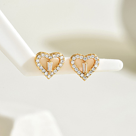 Shiny Brass Clear Cubic Zirconia Hollow Heart Stud Earrings for Fashionable Daily Parties