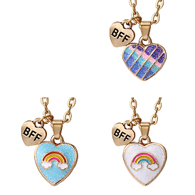 Enamel Heart with Rainbow Pendant Necklace, Word BFF Brass Jewelry for Valentine's Day