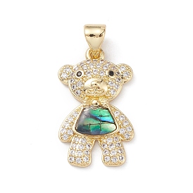 Rack Plating Brass Micro Pave Clear Cubic Zirconia Pendants, with Abalone Shell/Paua Shell, Bear with Bowknot Charms, Long-Lasting Plated, Cadmium Free & Lead Free