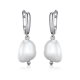 S925 Boucles d'oreilles créoles en argent sterling et perles d'eau douce naturelles, platine
