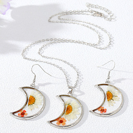 Fashion Moon Dried Flower Daisy Earrings Necklace - Countryside Style, Jewelry for Girls.